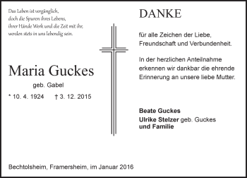 Traueranzeige von Maria Guckes von  Allgemeine Zeitung Alzey