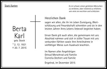 Traueranzeige von Berta Karl von  OK Oberhessen Kurier
