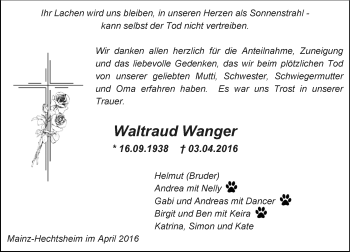 Traueranzeige von Waltraud Wanger von  Allgemeine Zeitung Mainz