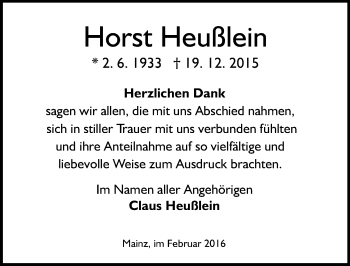 Traueranzeige von Horst Heußlein von  Allgemeine Zeitung Mainz