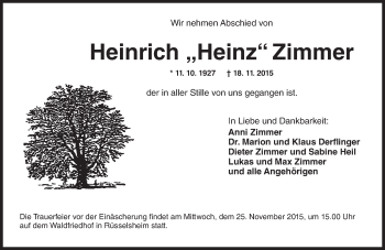 Traueranzeige von Heinrich Zimmer von  Mainspitze