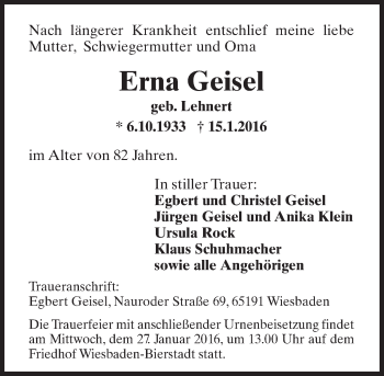 Traueranzeige von Erna Geisel von  Wiesbaden komplett
