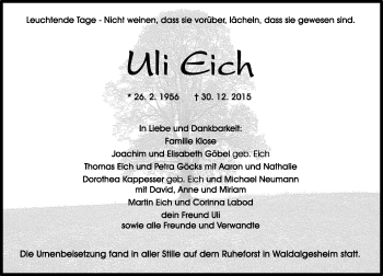Traueranzeige von Uli Eich von  Allgemeine  Zeitung Ingelheim-Bingen