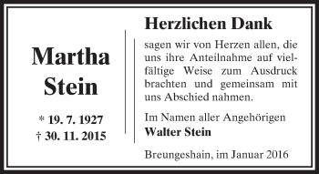 Traueranzeige von Martha Stein von  Sonntags Anzeiger