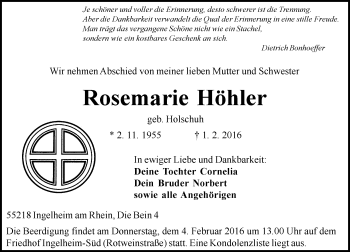 Traueranzeige von Rosemarie Höhler von  Allgemeine  Zeitung Ingelheim-Bingen