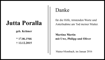 Traueranzeige von Jutta Poralla von  Allgemeine Zeitung Mainz