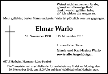 Traueranzeige von Elmar Warlo von  Hofheimer Zeitung