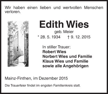 Traueranzeige von Edith Wies von  Allgemeine Zeitung Mainz