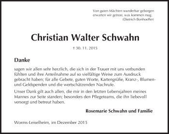 Traueranzeige von Christian Walter Schwahn von  Wormser Zeitung