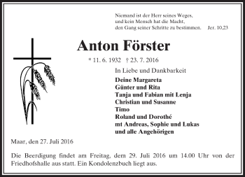 Traueranzeige von Anton Förster von VRM Trauer