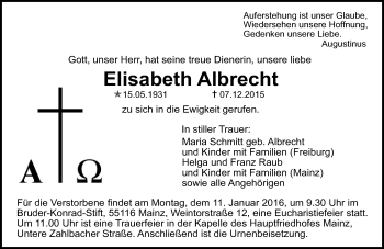 Traueranzeige von Elisabeth Albrecht von  Allgemeine Zeitung Mainz
