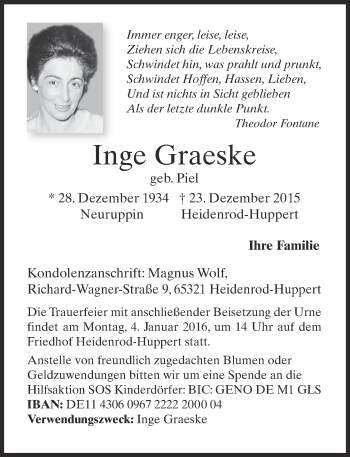 Traueranzeige von Inge Graeske von  WK-UTA/Aar-Bote
