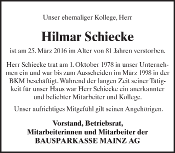 Traueranzeige von Hilmar Schiecke von  Allgemeine Zeitung Mainz
