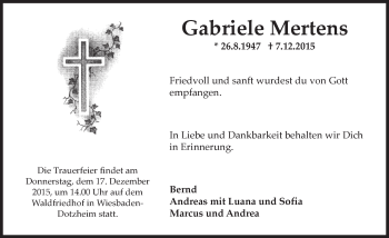 Traueranzeige von Gabriele Mertens von  Wiesbaden komplett