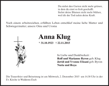 Traueranzeige von Anna Klug von  Idsteiner Zeitung