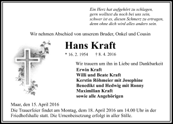 Traueranzeige von Hans Kraft von VRM Trauer