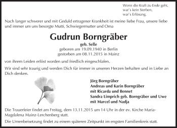 Traueranzeige von Gudrun Borngräber von  Allgemeine Zeitung Mainz