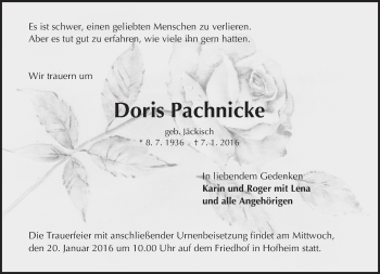 Traueranzeige von Doris Pachnicke von  Bürstädter Zeitung