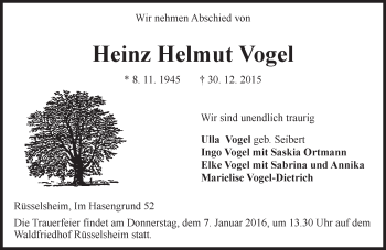 Traueranzeige von Heinz Helmut Vogel von trauer.echo-online.de