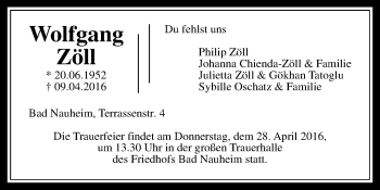 Traueranzeige von Wolfgang Zöll von  Gießener Anzeiger