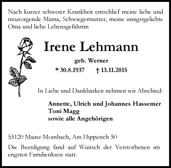 Traueranzeige von Irene Lehmann von  Allgemeine Zeitung Mainz