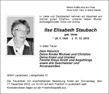 Traueranzeige von Ilse Elisabeth Staubach von VRM Trauer