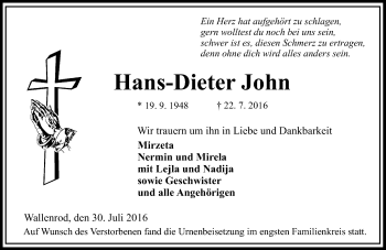 Traueranzeige von Hans-Dieter John von VRM Trauer