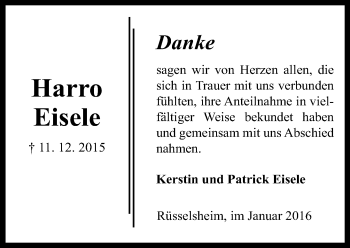 Traueranzeige von Harro Eisele von  Mainspitze