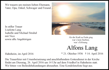 Traueranzeige von Alfons Lang von  Landskrone