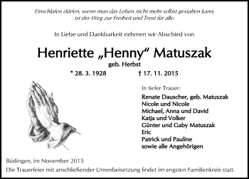 Traueranzeige von Henriette Matuszak von  Kreisanzeiger