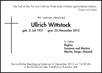 Traueranzeige von Ullrich Witistock von  Hofheimer Zeitung