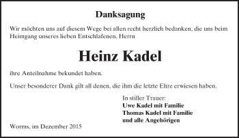 Traueranzeige von Heinz Kadel von  Wormser Zeitung