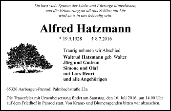 Traueranzeige von Alfred Hatzmann von Trauerportal Rhein Main Presse