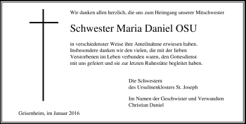 Traueranzeige von Maria Daniel von  Rheingau