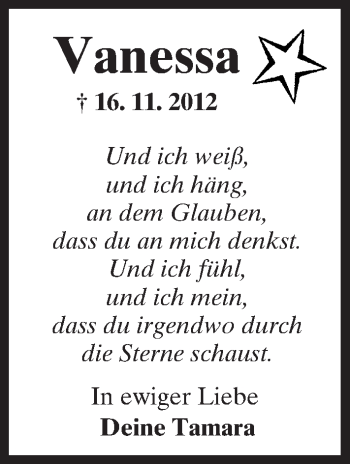 Traueranzeige von Vanessa Schauermann von  Kreisanzeiger