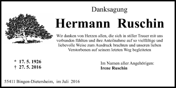 Traueranzeige von Hermann Ruschin von Trauerportal Rhein Main Presse