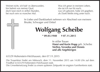 Traueranzeige von Wolfgang Scheibe von  WK-UTA/Aar-Bote