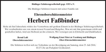 Traueranzeige von Herbert Faßbinder von  Kreisanzeiger