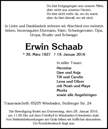 Traueranzeige von Erwin Schaab von  Wiesbaden komplett