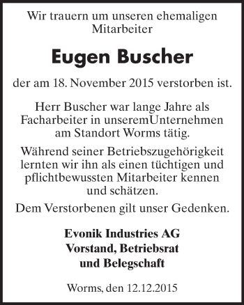 Traueranzeige von Eugen Buscher von  Wormser Zeitung