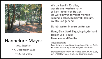 Traueranzeige von Hannelore Mayer von Trauerportal Rhein Main Presse