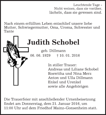 Traueranzeige von Judith Schobel von  Allgemeine Zeitung Mainz