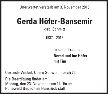 Traueranzeige von Gerda Höfer-Bansemir von  Wiesbaden komplett