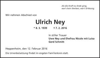 Traueranzeige von Ulrich Ney von  Wormser Zeitung