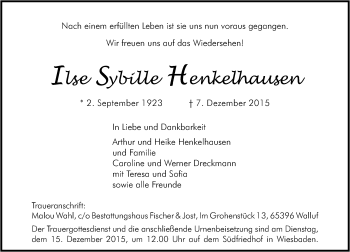 Traueranzeige von Ilse Sybille Henkelhausen von  Wiesbaden komplett