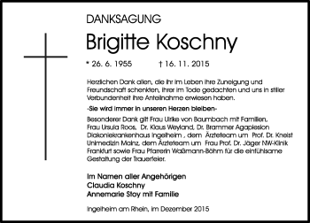Traueranzeige von Brigitte Koschny von  Allgemeine  Zeitung Ingelheim-Bingen