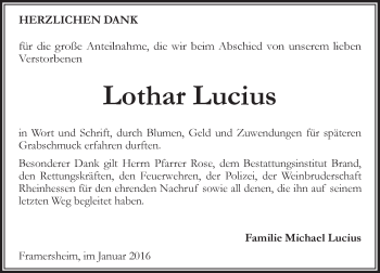 Traueranzeige von Lothar Lucius von  Allgemeine Zeitung Alzey