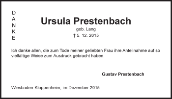 Traueranzeige von Ursula Prestenbach von  Wiesbaden komplett
