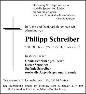 Traueranzeige von Philipp Schreiber von  Allgemeine Zeitung Mainz