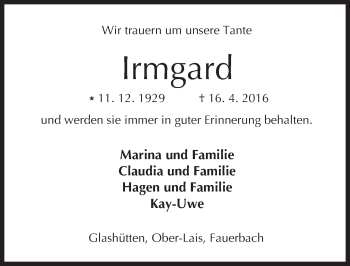 Traueranzeige von Irmgard Noll von  Kreisanzeiger